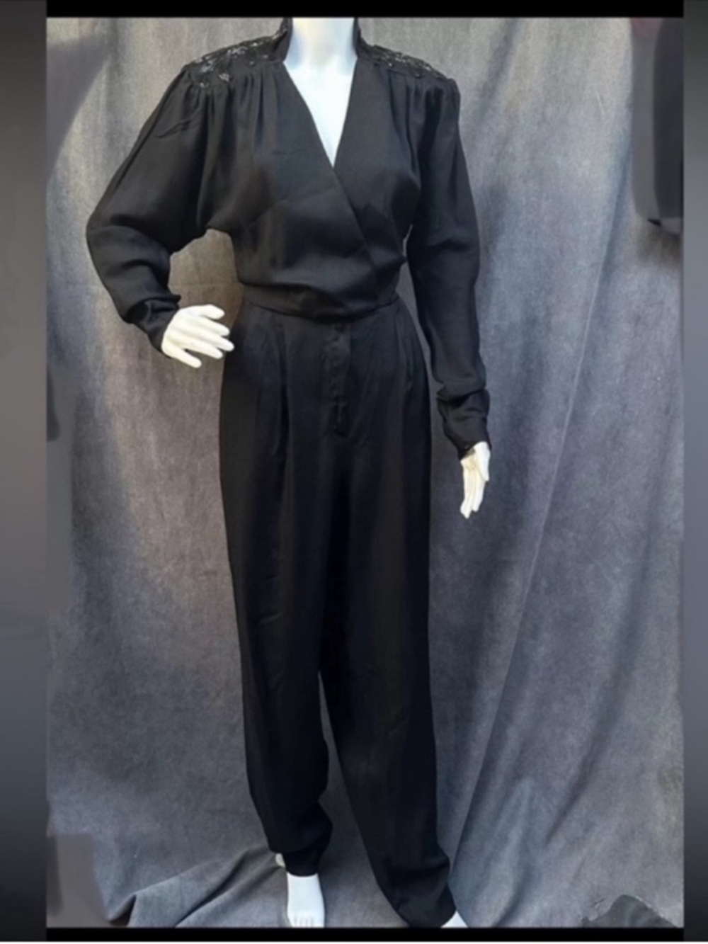80s glam Jumpsuit black Beaded Long Sleeve vintage